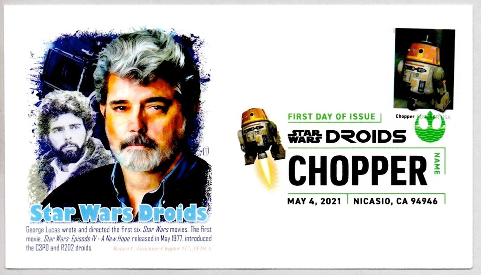 #5582 "CHOPPER" STAR WARS DROIDS FIRST DAY OF ISSUE, GEORGE LUCAS, COLOR CANCEL - Image 1 of 1