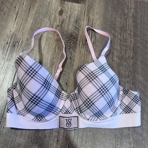 Victoria Secret T-Shirt Push Up Full Coverage Bra Pink plaid Size 36B - Picture 1 of 5
