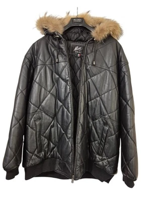 Men's Diamond Design Geniune Leather Coat with Fur Hood / Size 4X / Black - Image 1 of 4
