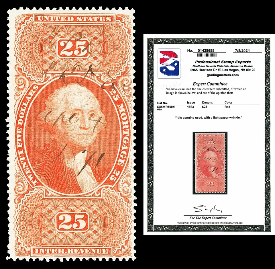 Scott R100d 1863 $25.00 Silk Paper Mortgage Used F-VF Cat $300 with PSE CERT - Image 1 of 1