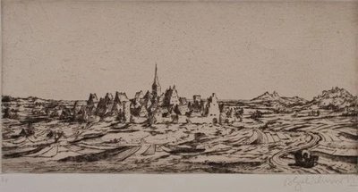 Bruno Goldschmitt Stadtansicht Landschaft Kutsche signiert Radierung 20 Jhd - Bild 1 von 2