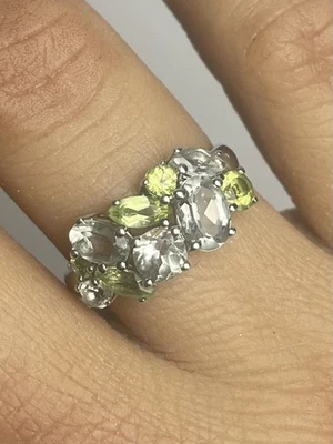 Peridot, White Topaz, Rhodium Plated Sterling Silver Cluster Band Ring - Size 8 - Image 1 of 3