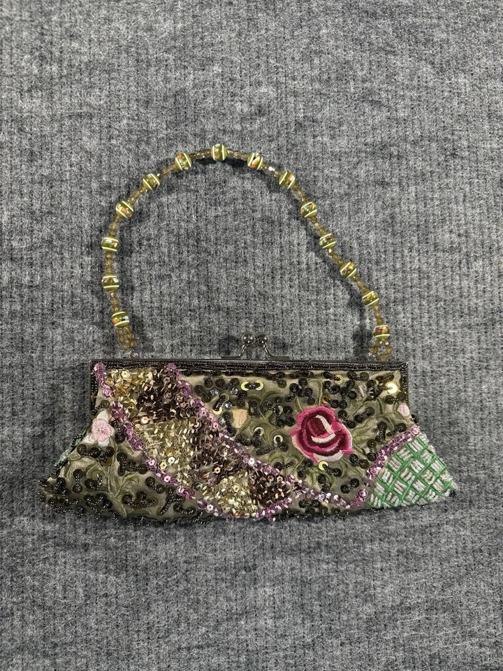 Aldo Beaded Floral Satin Evening Bag Green Embroidered Clutch Purse Bead Handle - Image 1 of 4