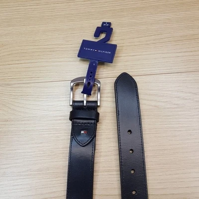 TOMMY HILFIGER 皮带男式 30 32 码黑色真皮银色扣 — 第 1/4 张图片