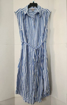 Vestido H&M cintura corbata para mujer talla grande azul y blanco a rayas midi con botones  Foto 1 de 4