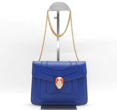 Bolso de Hombro BVLGARI Serpenti Forever Cuero Azul Cadena Dorada Solapa Cabeza de Serpiente Foto 1 de 4