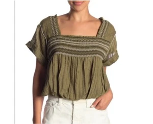 Free People Wandering Skies gesmoktes Top Bluse Boho cropped olivgrün Gr. M h1 - Bild 1 von 5