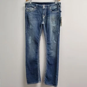 True Religion Jeans Damen 31 blau gerades Bein Distressed weiße Stiche Denim - Bild 1 von 14