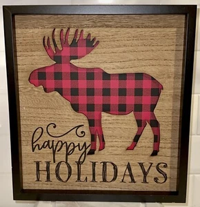 Happy Holidays Christmas Hanging Wood Sign MDF Moose Buffalo Plaid Red Black NEW - Picture 1 of 22