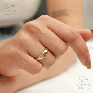 Certified Natural Ruby & Diamond 3 Stone Engagement Gypsy Ring in Solid Gold - Picture 1 of 10