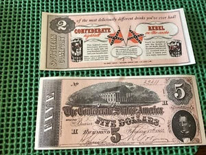 (2) Southern Comfort Ad. Bill  $5.00 Confederate Front  w/ Jack Daniels swizzle  - Picture 1 of 3