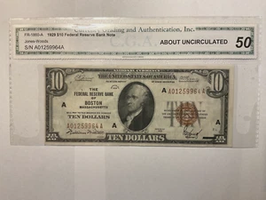 1929 $10 Federal Reserve Bank Note Brown seal CGA About Uncirculated 50 Boston - Picture 1 of 2