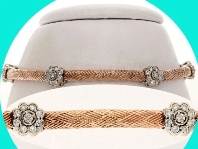 Diamond Flower Station Bracelet .90CT 14K White+ Rose Gold  7 1/2” Long - Image 1 of 4