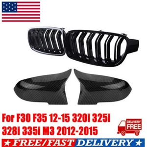 For BMW F30 2012-18 320i 328i Kidney Grill + Carbon Fiber Mirror Caps Covers 4PC - Picture 1 of 9