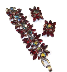 JULIANA D&E Siam Red Marquise & Aurora Borealis Wide Bracelet & Clip Earrings - Picture 1 of 14