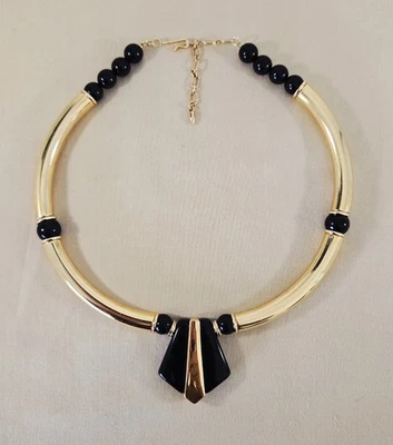 Gargantilla Art Deco Vintage Colgante Tono Dorado Piedras Negras 18" Foto 1 de 4