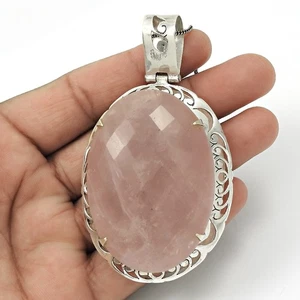 Natural Rose Quartz Handcrafted Christmas Gift Pendant Real 925 Sterling Silver - Picture 1 of 7
