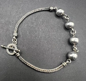 950 Sterling Silver Bead Ball Byzantine Wheat Chain Toggle Bracelet NWOT 8" - Picture 1 of 6