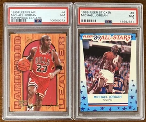 1989 FLEER STICKER MICHAEL JORDAN PSA-7 & 1995 FLAIR HARDWOOD LEADERS PSA-7 READ - Picture 1 of 4