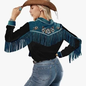 JOHN MOON Texas sz XL Western fringe cowgirl button down shirt EUC - Picture 1 of 5