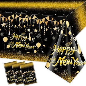3 Pcs New Year Tablecloth, Black Gold NYE Party Decoration Table Cloth for Ha... - Foto 1 di 7