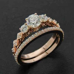 2Ct Round Lab-Created Diamond Bridal Set Wedding Ring 14K Rose Gold Plated - Picture 1 of 5