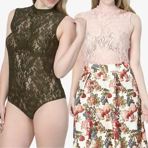 TheMogan PLUS Sleeveless Mock Neck Sheer Lace Bodysuit W Keyhole Cutout Back - Picture 1 of 20