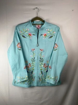 Quacker Factory Jacket Sky Blue Demin Embroidered Zip Up Size M - Image 1 of 4