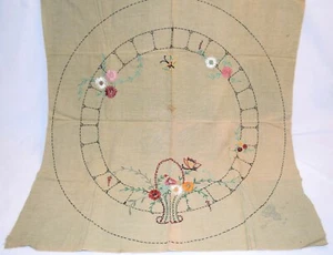 Vintage Victory K&B Uncut Finished Hand Embroidered Linen Round Table Top Cover - Picture 1 of 5