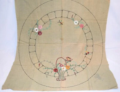 Vintage Victory K&B Uncut Finished Hand Embroidered Linen Round Table Top Cover - Image 1 of 4