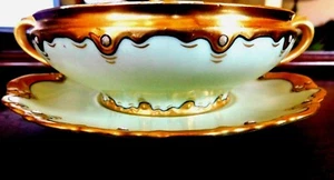 VERY RARE Theodore Haviland Limoges Soup Bowl w/ Saucer Hand Painted Green/Gold  - Picture 1 of 12