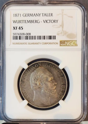 1871 GERMANY SILVER 1 TALER WURTTEMBERG VICTORY NGC XF 45 SCARCE COIN - Image 1 of 3