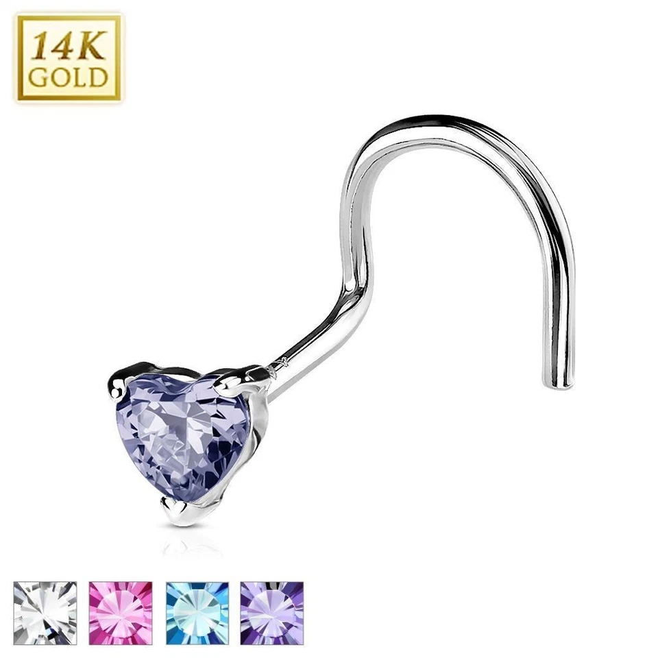 Piercing Nasale Oro Bianco 14K Con Gemma Cuore - Immagine 1 di 1