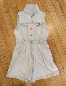 Bonjour Vintage Girls One-Piece Denim Romper Button Zip Up Jumpsuit Shorts - Picture 1 of 8
