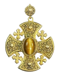 Ciondolo Vintage Grossa Croce di Malta Gerusalemme Argento 950 Occhio di Tigre - Foto 1 di 2