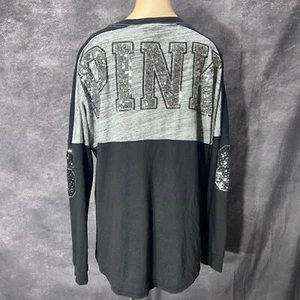 PINK Victorias Secret Varsity Bling Tee Womens M Black Gray Silver Sequins Y2K - Picture 1 of 11