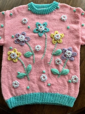 Girls Vintage pink knit pullover sweater with knitted flowers 80s Rachel’s Kids  - Image 1 of 4