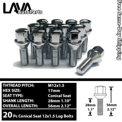 20 PIEZAS CROMO 12X1.5 PERNO DE ASIENTO CÓNICO VÁSTAGO 28MM APTO PARA BMW/MINI/SAAB/LOTUS/MÁS Foto 1 de 3