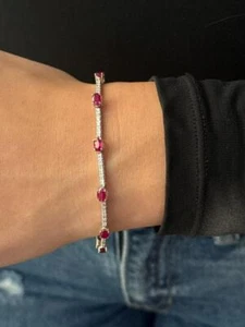 14k White Gold Natural Red Ruby & Natural White Diamond Pave Set Tennis Bracelet - Picture 1 of 15