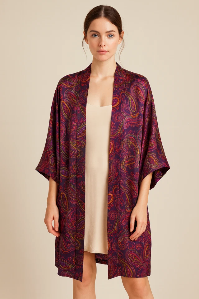 Bata kimono vintage de seda pura Valerie Stevens para mujer pequeña romántica de lujo Y2K Foto 1 de 4