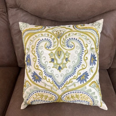 Pier 1 Imports Embroidered Throw Accent Decorative Single Pillow 17x17 Ivory - Image 1 of 4