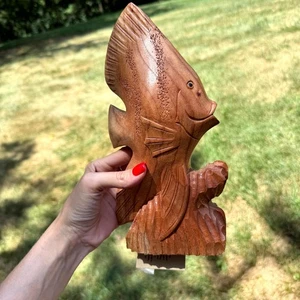 VTG Hand Carved In Bali Brown Wooden Angel Fish Figurine Home Decorative 10 in - Picture 1 of 9