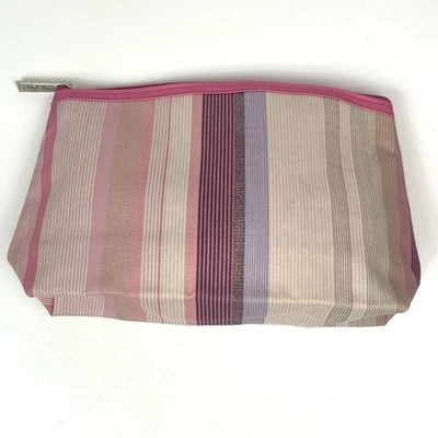 Lancome Cosmético Maquillaje Claro Bebé Rosa Metálico Rayas Bolso Bolsa Vintage Cremallera Foto 1 de 4