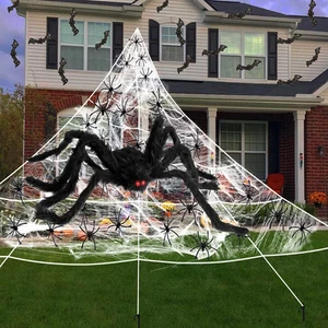 Giant Spider Web Scary Halloween Decorations, 275" Triangular Spider Web + 59... - Picture 1 of 7