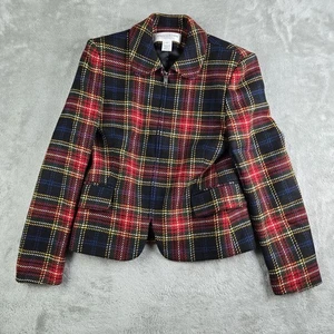 Vintage Jones New York Jacket Women 2 Petite Red Tartan Plaid 100% Wool Full Zip - Picture 1 of 12