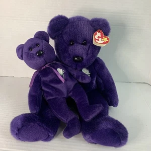 Lot of 2 Vintage Ty Princess Diana Beanie Baby Buddy Purple Bears White Rose - Picture 1 of 14
