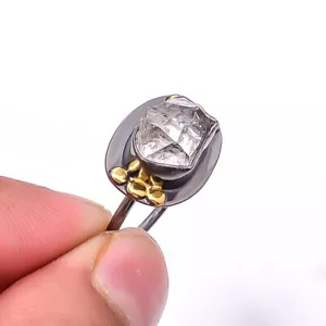 Natural Herkimer Diamond Black And Gold Plated 925 Sterling Silver Ring s.8 R62 - Picture 1 of 2