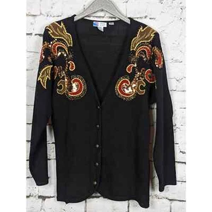 VTG LINDSEY BLAKE Embellished Sequined Paisley Cardigan 80's Shoulder Pads Large - Picture 1 of 6
