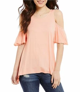 Soprano Cold Shoulder Sharkbite Hem Top, Blush, Size Medium - Picture 1 of 2
