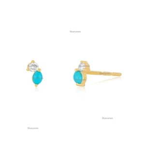 Marquise Arizona Turquoise & Natural Diamond Studs Earrings in 14k Yellow Gold - Picture 1 of 5